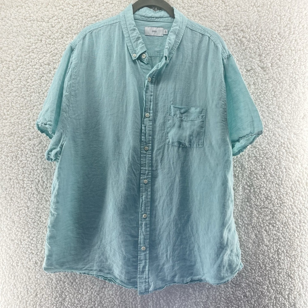 Onia Linen Shirt Men Medium Teal Blue Standard Short Sleeve Designer $150